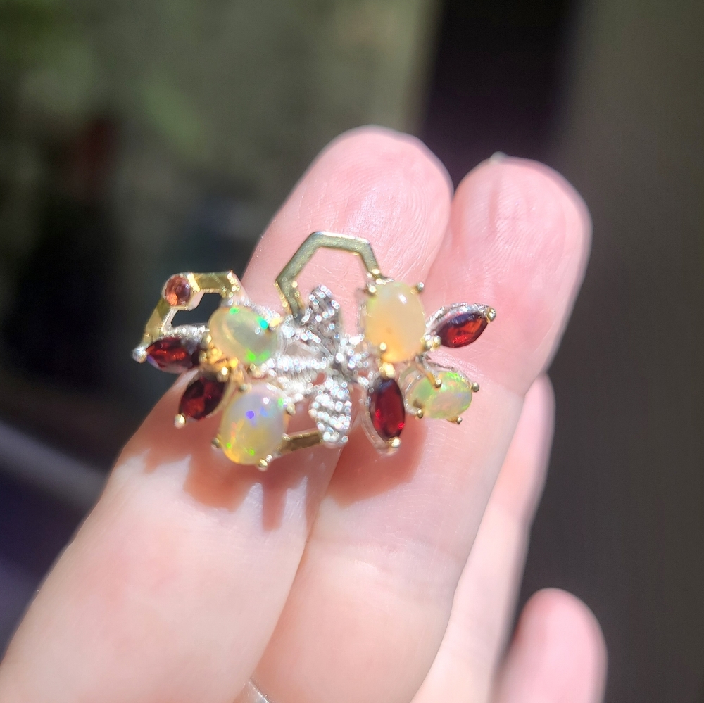 Opal & Garnet sterling & Gold honeycomb 🐝 bee ring sz8.5 - Picture 5 of 8